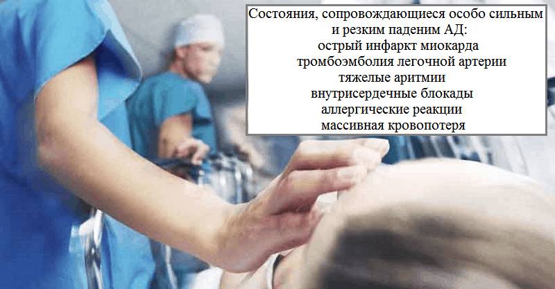 Острая симптоматическая гипотония (резкое падение АД) требует неотложной помощи